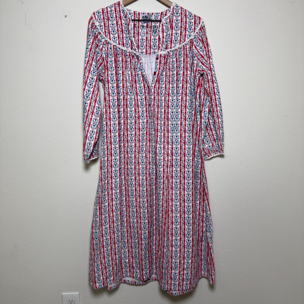 Lanz of Salzburg Women Cotton Flannel Nightgown Medium Red White Floral Stripe